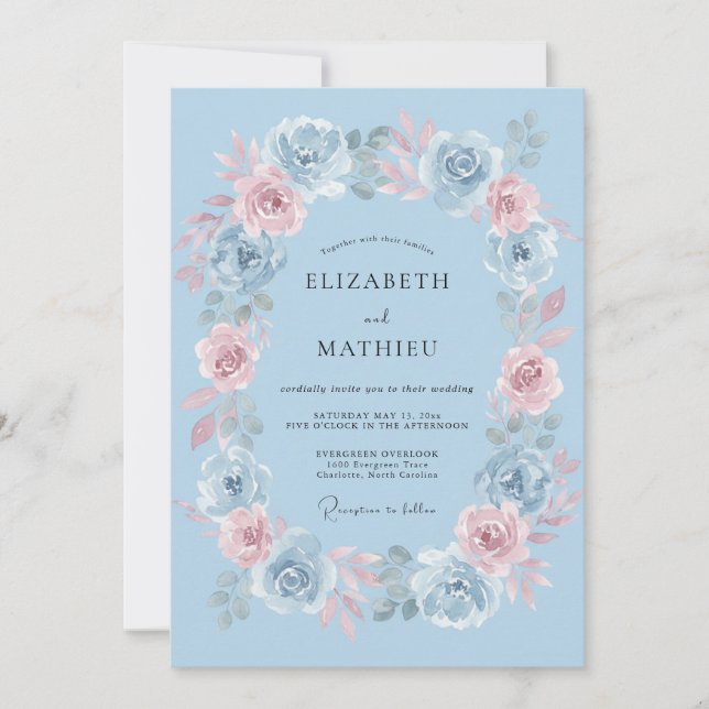 Invitation Mariage Floral Délicat Bleu Clair (Devant)