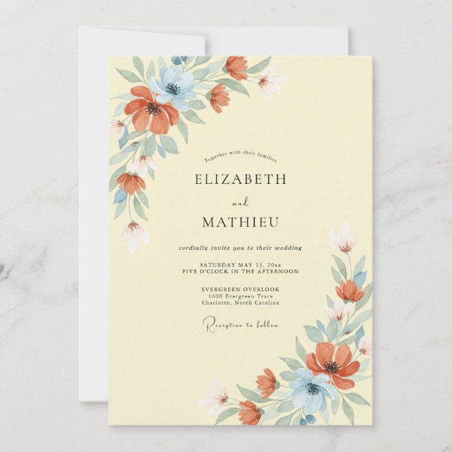 Invitation Mariage Floral Délicat Bleu Corail (Devant)