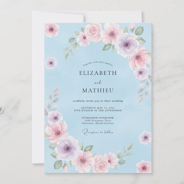 Invitation Mariage Floral Délicat Bleu Pastel (Devant)