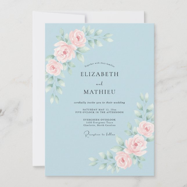 Invitation Mariage Floral Délicat Bleu Poudré (Devant)