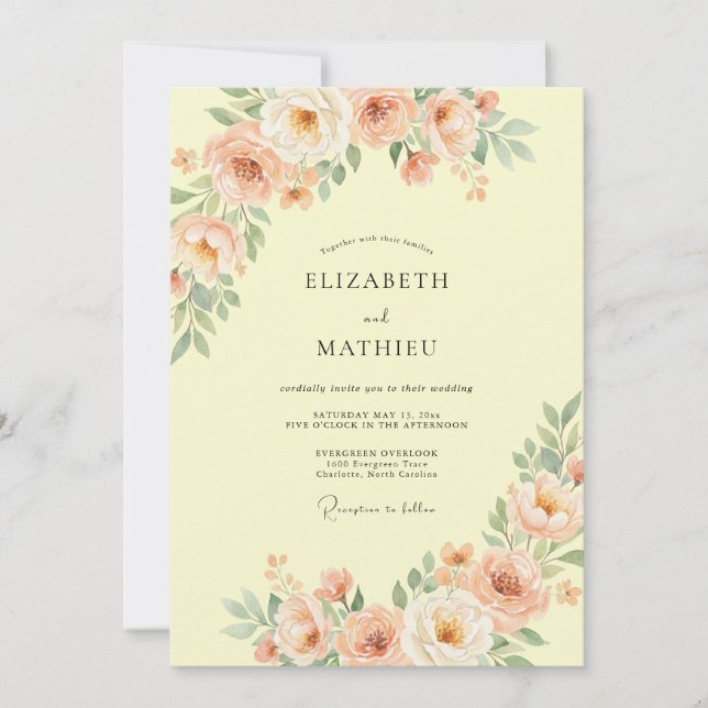 Invitation Mariage Floral Délicat Jaune Pêche (Devant)