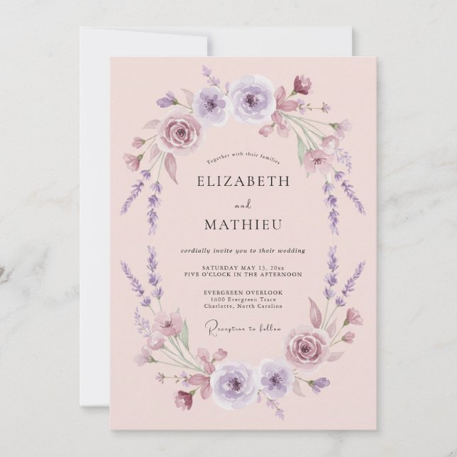 Invitation Mariage Floral Délicat Lavande (Devant)