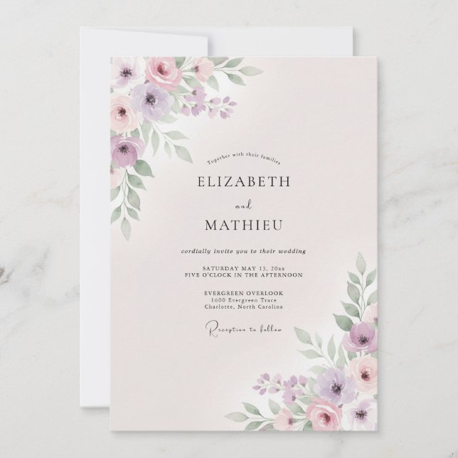 Invitation Mariage Floral Délicat Lilas (Devant)