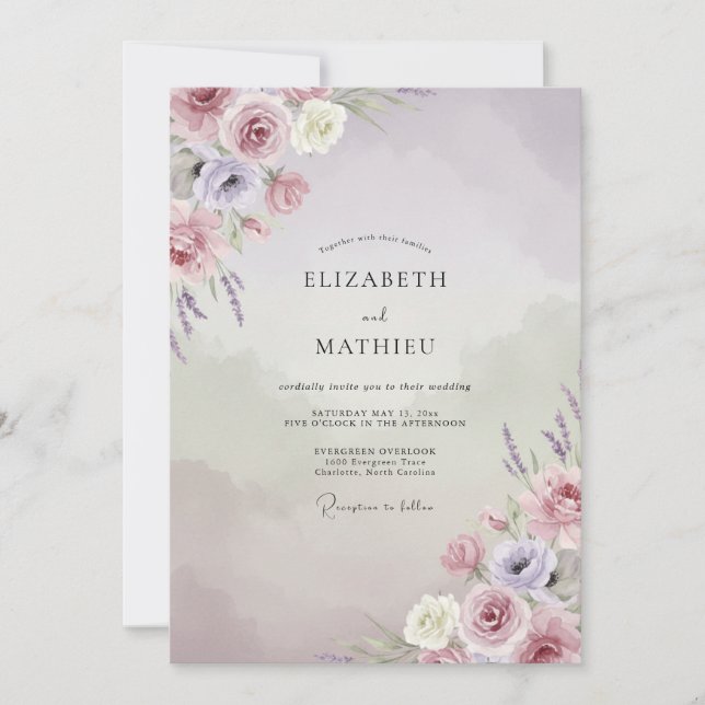 Invitation Mariage Floral Délicat Mauve (Devant)
