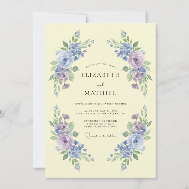 Invitation Mariage Floral Délicat Pervenche (Devant)