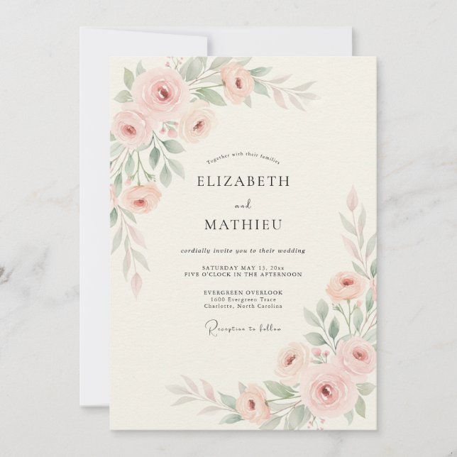 Invitation Mariage Floral Délicat Rose Pâle (Devant)