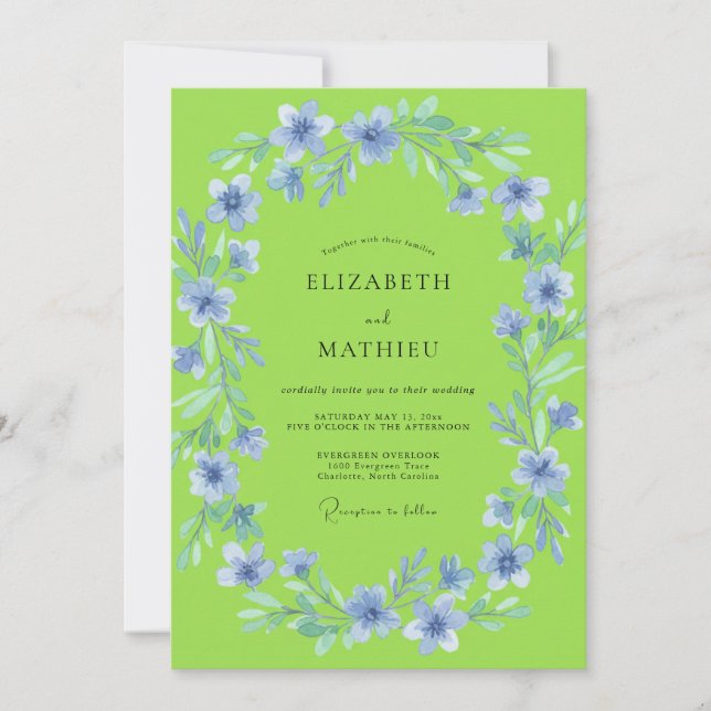 Invitation Mariage Floral Délicat Vert Citron (Devant)