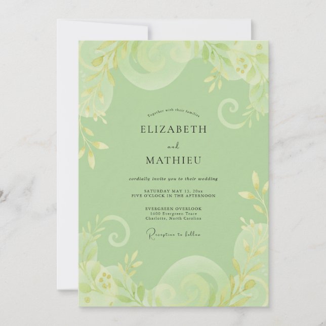 Invitation Mariage Floral Délicat Vert Pistache (Devant)