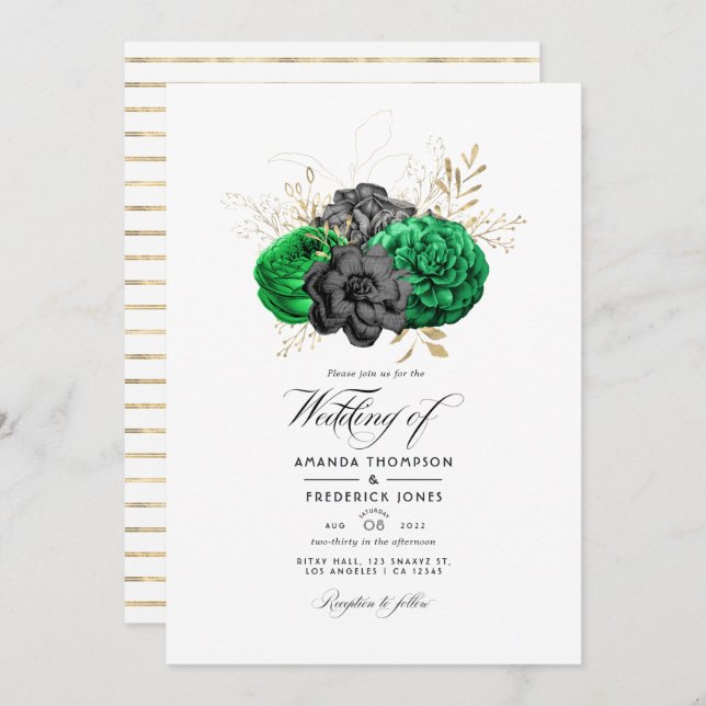 Invitation Mariage floral d'émeraude foncé et or (Devant / Derrière)