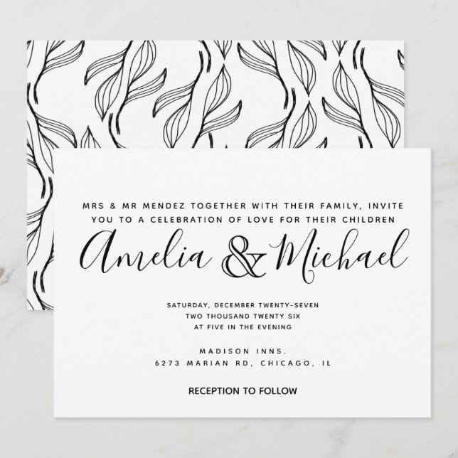 Invitation Mariage floral dessiné à la main avec feuillage et (Devant / Derrière)