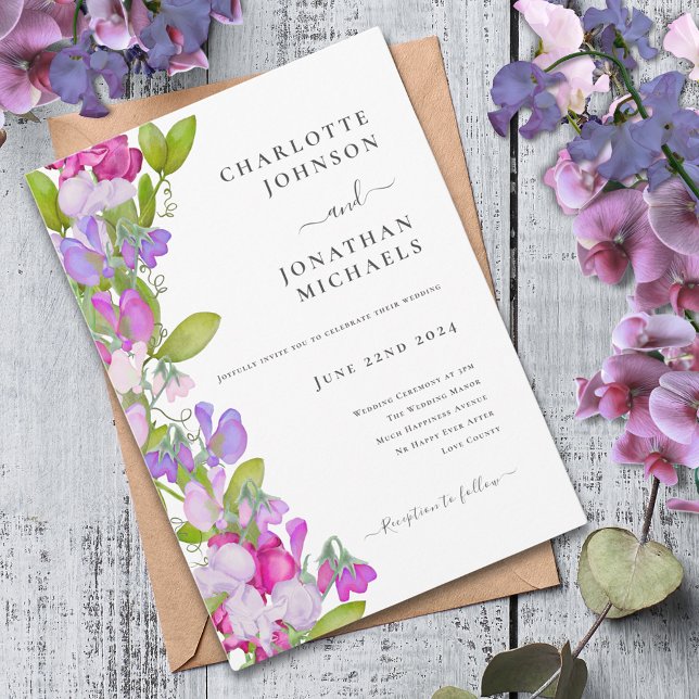 Invitation Mariage floral d'été rose élégant moderne (Modern summer floral purple pink sweetpea wedding invitation )