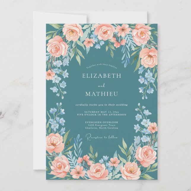 Invitation Mariage Floral d'Été Sérénité Sarcelle (Devant)