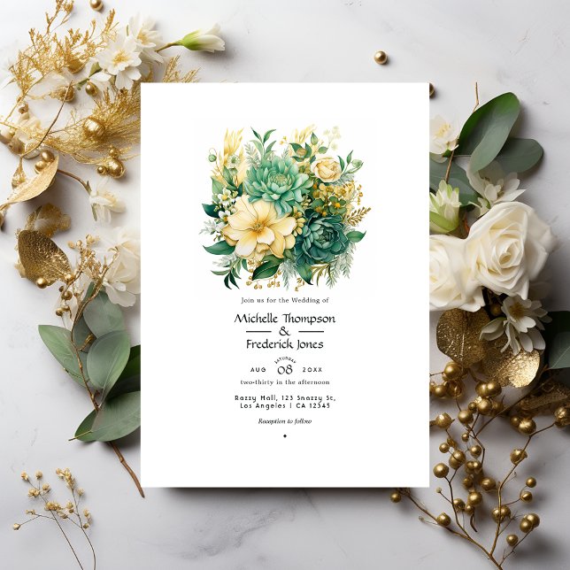 Invitation Mariage floral d'été Verts et ors (Créateur téléchargé)