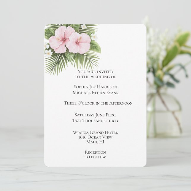 Invitation Mariage Floral d'Hibiscus Rose Tropical (Debout devant)