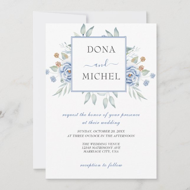 Invitation Mariage Floral d'hiver bleu rustique (Devant)