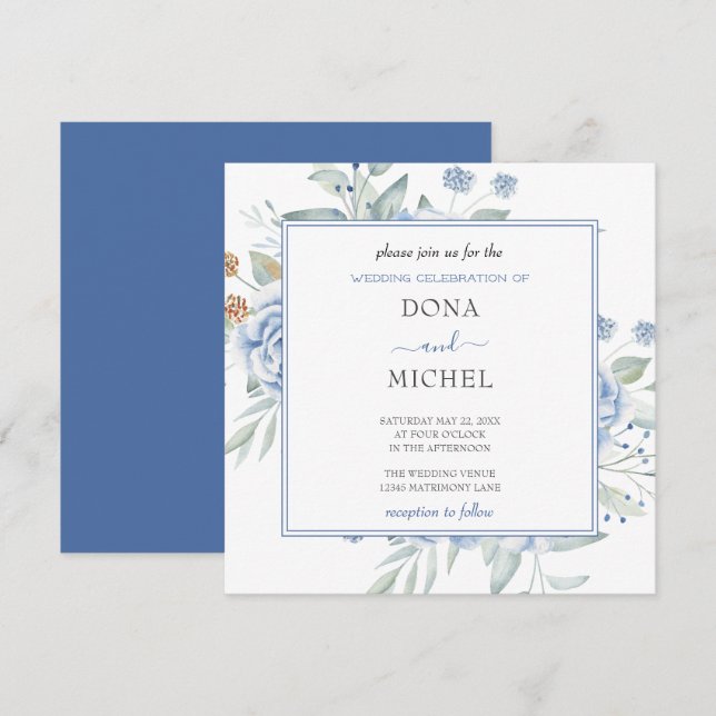 Invitation Mariage Floral d'hiver bleu rustique (Devant / Derrière)