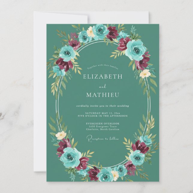 Invitation Mariage Floral d'Hiver Émeraude Gras (Devant)