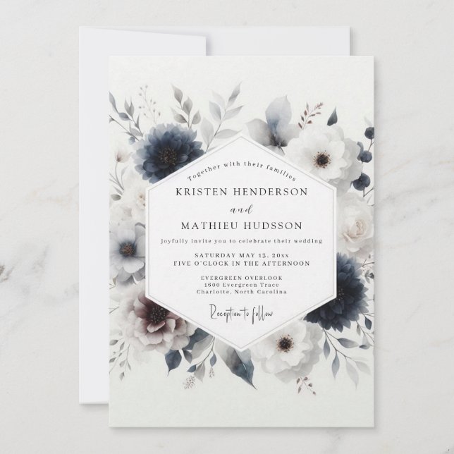 Invitation Mariage Floral d'Hiver Indigo (Devant)