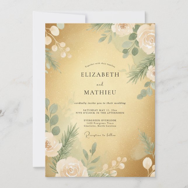 Invitation Mariage Floral d'Hiver Solennel en Or (Devant)