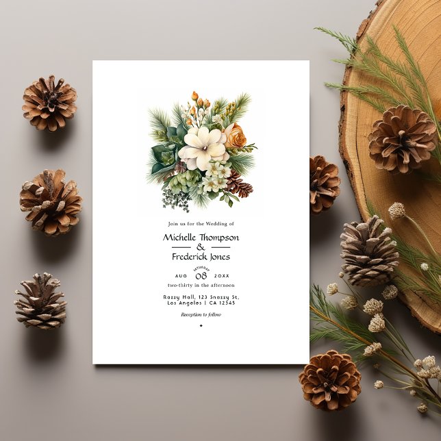 Invitation Mariage Floral d'Hiver Vert Pin et Marrons Doux (Créateur téléchargé)