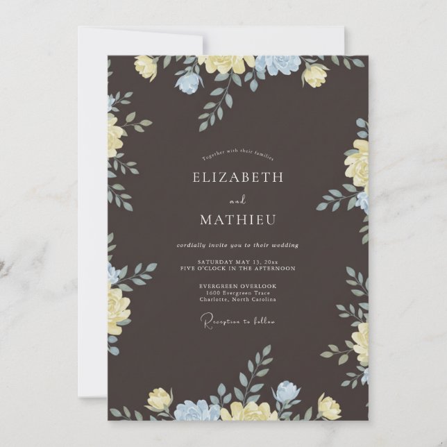 Invitation Mariage Floral Distinctif au Charbon (Devant)