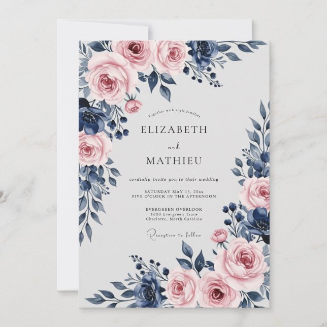 Invitation Mariage Floral Divin Bleu Marine (Devant)