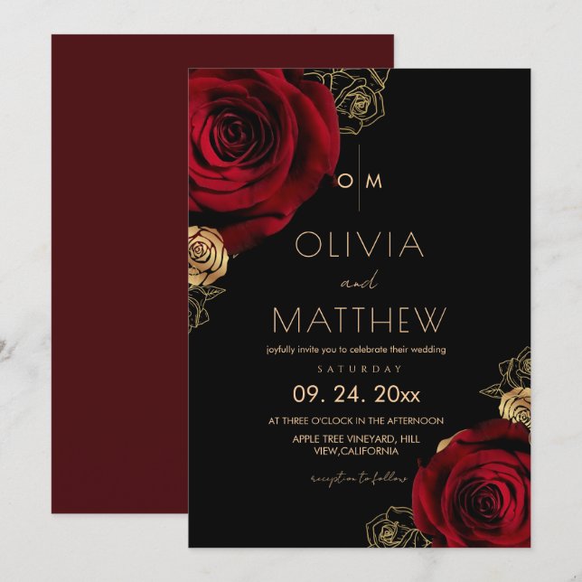 Invitation Mariage Floral Divin Rose Bourgogne Moderne  (Devant / Derrière)