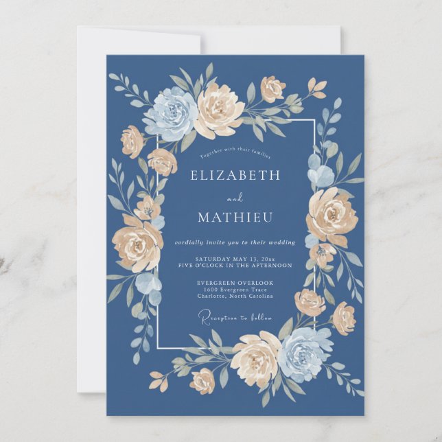 Invitation Mariage Floral Divine Bleu Poussiéreux (Devant)