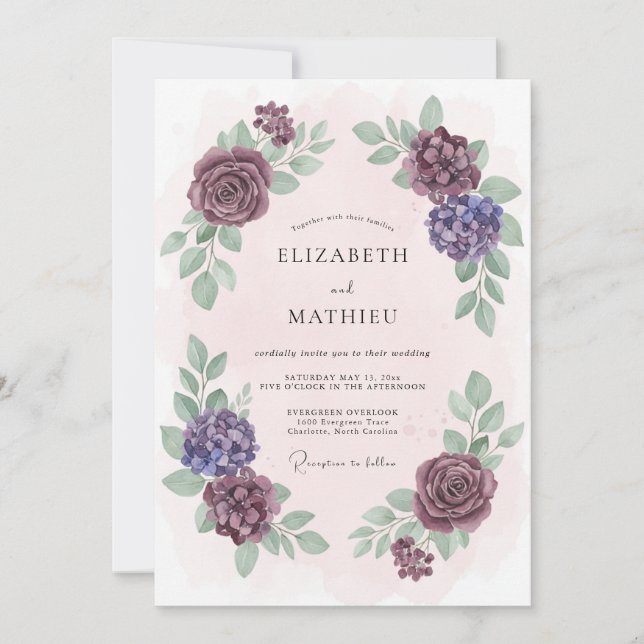 Invitation Mariage Floral Divine Bourgogne (Devant)