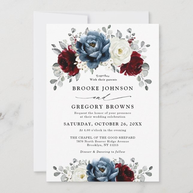 Invitation Mariage floral d'ivoire blanc bleu ardoise (Devant)