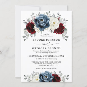 Invitation Mariage floral d'ivoire blanc bleu ardoise