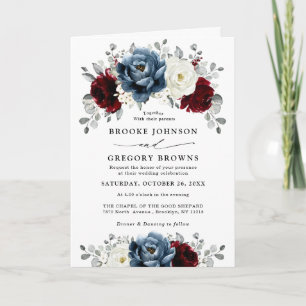 Invitation Mariage floral d'ivoire blanc bleu ardoise