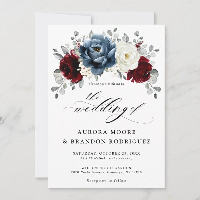 Invitation Mariage floral d'ivoire blanc bleu ardoise (Devant)