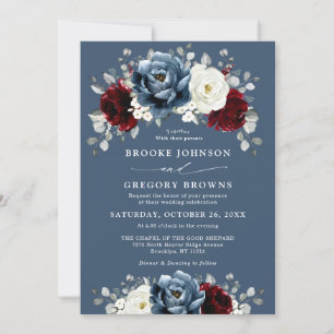 Invitation Mariage Floral d'ivoire blanc bleu ardoise en