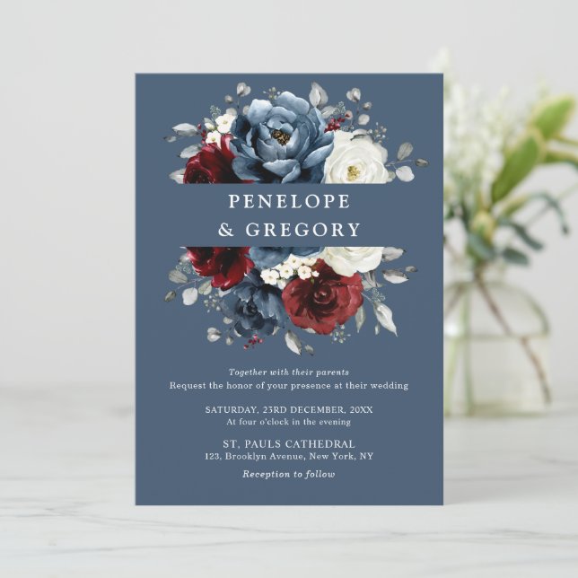 Invitation Mariage Floral d'ivoire blanc bleu ardoise en (Debout devant)