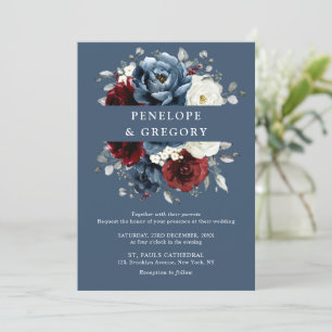 Invitation Mariage Floral d'ivoire blanc bleu ardoise en