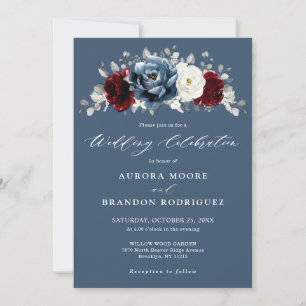 Invitation Mariage Floral d'ivoire blanc bleu ardoise en