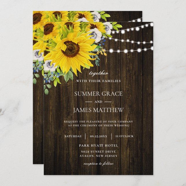 Invitation Mariage floral d'ivoire de tournesol rustique  (Devant / Derrière)