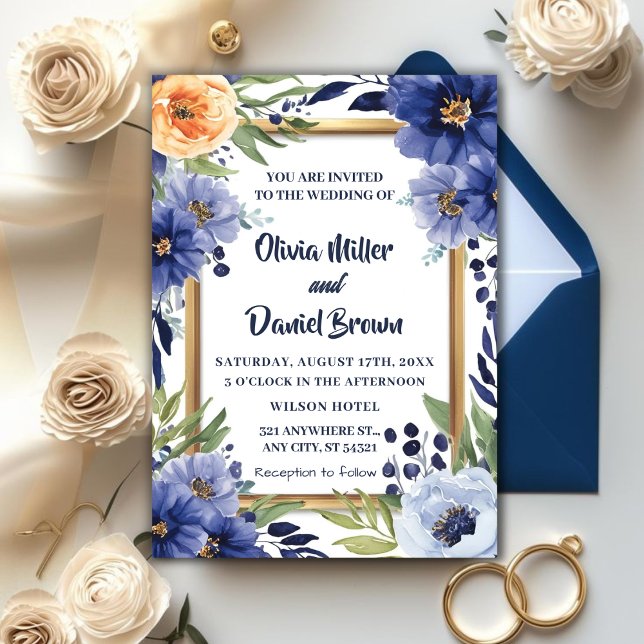 Invitation Mariage floral d'ivoire Elégant bleu marine (Créateur téléchargé)