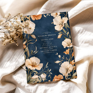 Invitation Mariage floral d'ivoire Elégant bleu marine