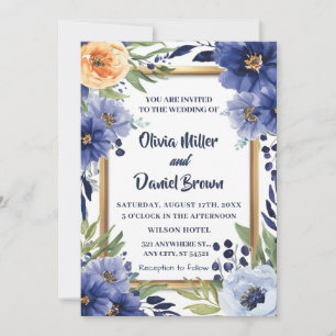 Invitation Mariage floral d'ivoire Elégant bleu marine