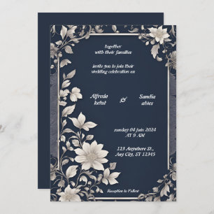 Invitation Mariage floral d'ivoire élégant bleu marine et arg