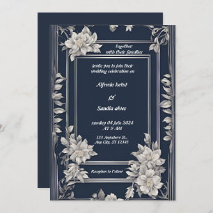 Invitation Mariage floral d'ivoire élégant bleu marine et arg