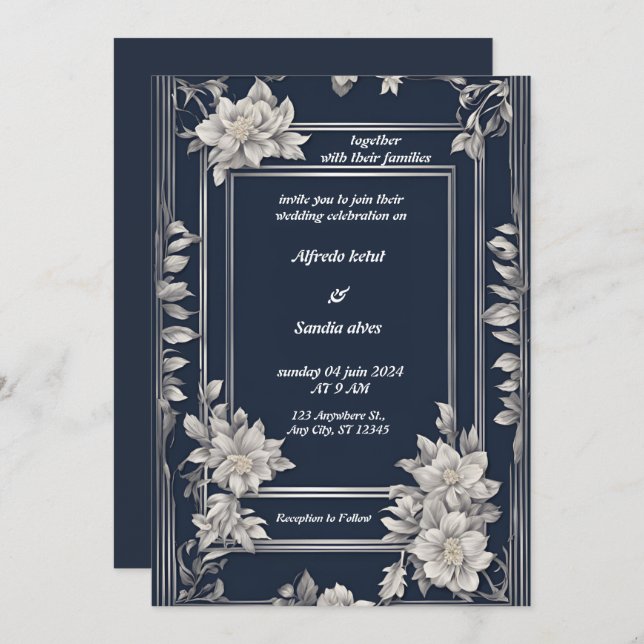 Invitation Mariage floral d'ivoire élégant bleu marine et arg (Devant / Derrière)