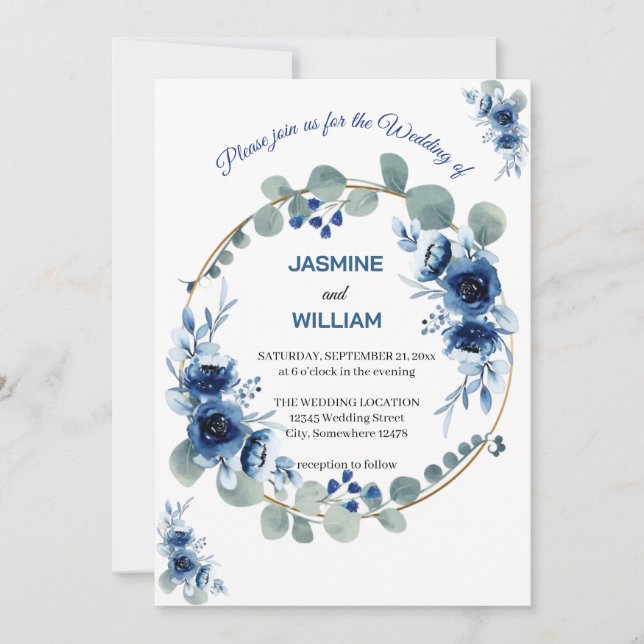 Invitation Mariage floral d'ivoire élégant bleu marine et arg (Devant)