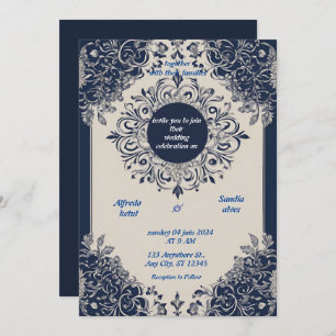 Invitation Mariage floral d'ivoire élégant bleu marine et arg