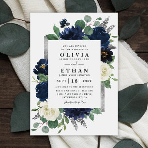 Invitation Mariage floral d'ivoire élégant bleu marine et arg