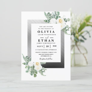 Invitation Mariage floral d'ivoire élégant bleu marine et arg