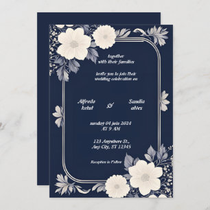 Invitation Mariage floral d'ivoire élégant bleu marine et arg