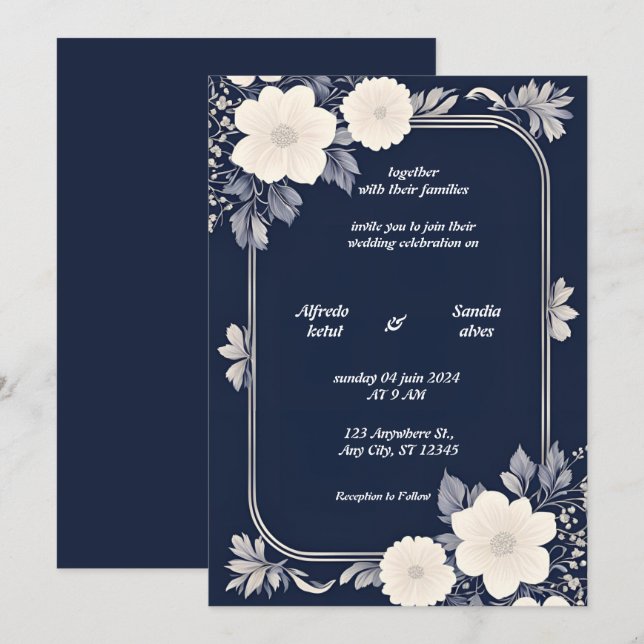 Invitation Mariage floral d'ivoire élégant bleu marine et arg (Devant / Derrière)